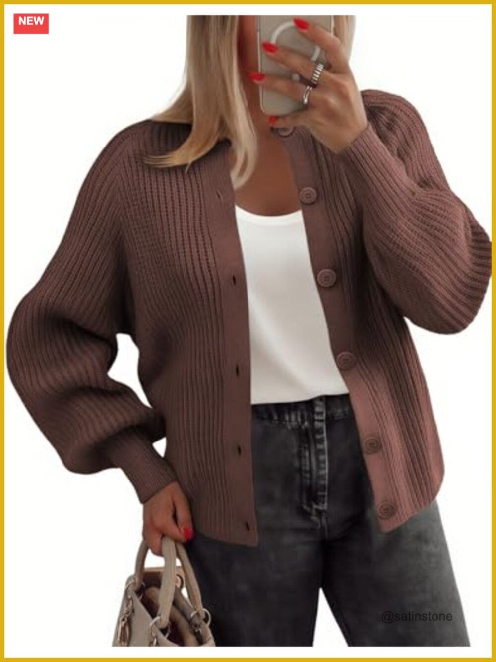 Chunky Knit Cardigan for Women Long Sleeve Crew Neck Button Down